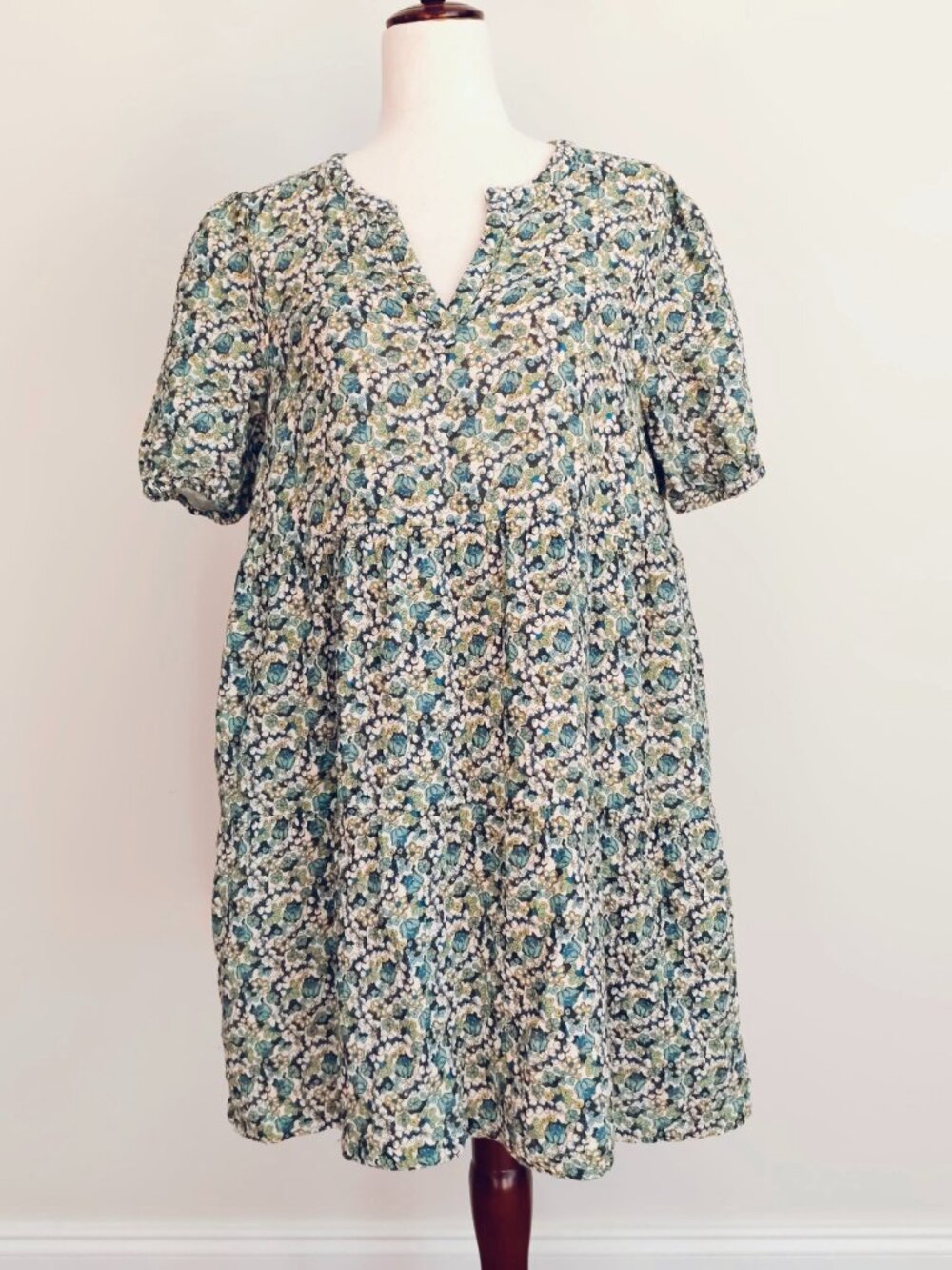 Marine Layer Jamie Mini Dress Large Cotton Gauze Blue Green Ditsy Floral Boho